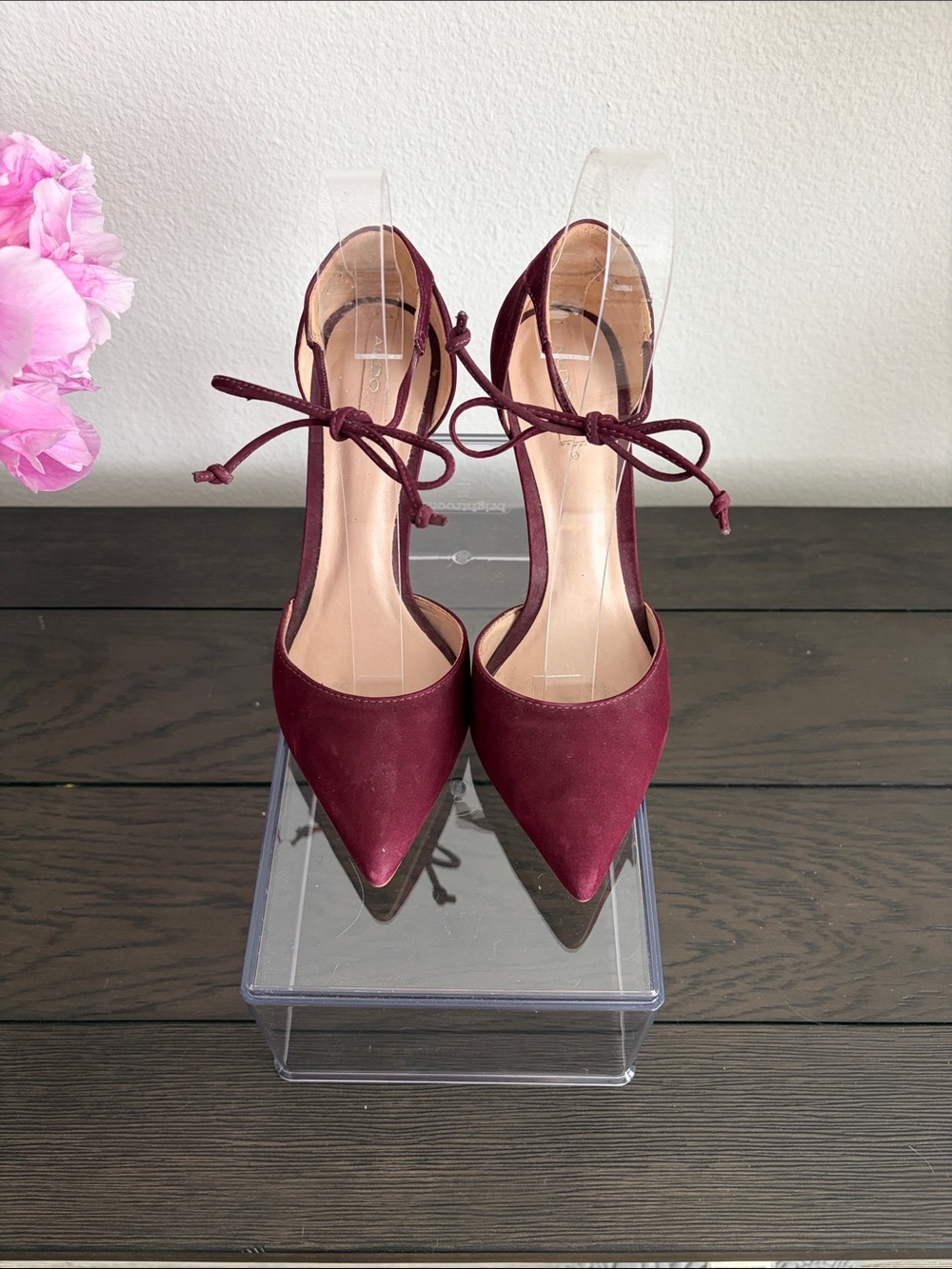 Aldo Burgundy Pointed-Toe Lace-Up Heels